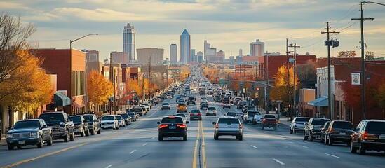 Autumnal Cityscape: A Breathtaking View Down a Tree-Lined Avenue Towards Tulsa's Skyline