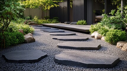 Obraz premium Peaceful Garden Scene Featuring a Serene Stone Pathway Leading to a Comfortable Wooden Bench Surrounded by Lush Greenery and Vibrant Flowers Under a Clear Blue Sky on a Sunny Day