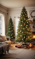 Spruce Christmas tree in a cozy living room with fireplace, fir tree, warm lighting, wooden mantel