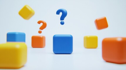 Colorful question mark blocks floating above a central blue cube on a clean white background