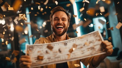 Excited casino winner celebrates with giant novelty check amid confetti at a lively gaming establishment