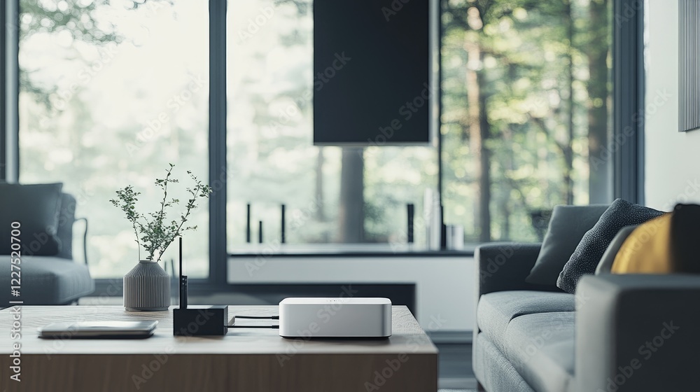 Poster a sleek wireless router sending out signals, connected to various devices in a stylish, modern home,