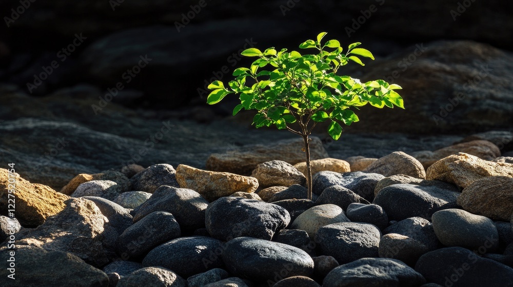 Poster a small green tree grows above arranged stones, bathed in deep shadows, offering a peaceful yet myst