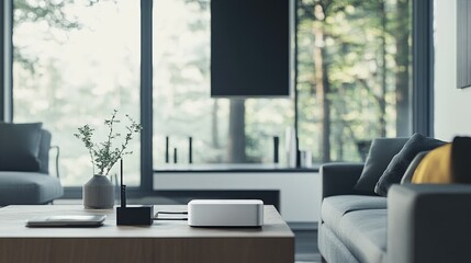 A sleek wireless router sending out signals, connected to various devices in a stylish, modern home, showcasing seamless digital communication in everyday life