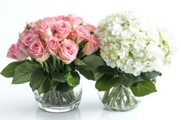 Beautiful bouquet of pink roses and white hydrangeas in glass vases, perfect for weddings or celebrations, showcasing elegance and freshness in decor