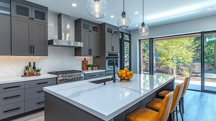A glossy gray linear tile backsplash and white quartz countertops complement the dark gray flat front cabinets in this modern gray kitchen. USA, Northwest