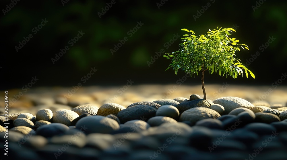 Poster a small green tree grows above arranged stones, bathed in deep shadows, offering a peaceful yet myst
