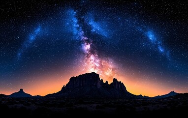 Majestic Milky Way Galaxy Arching Over Silhouetted Mountain Landscape at Serene Nightfall