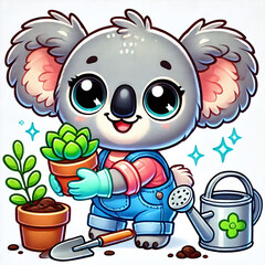 Naklejka premium A tiny koala carefully planting a succulent in a pot with a smile