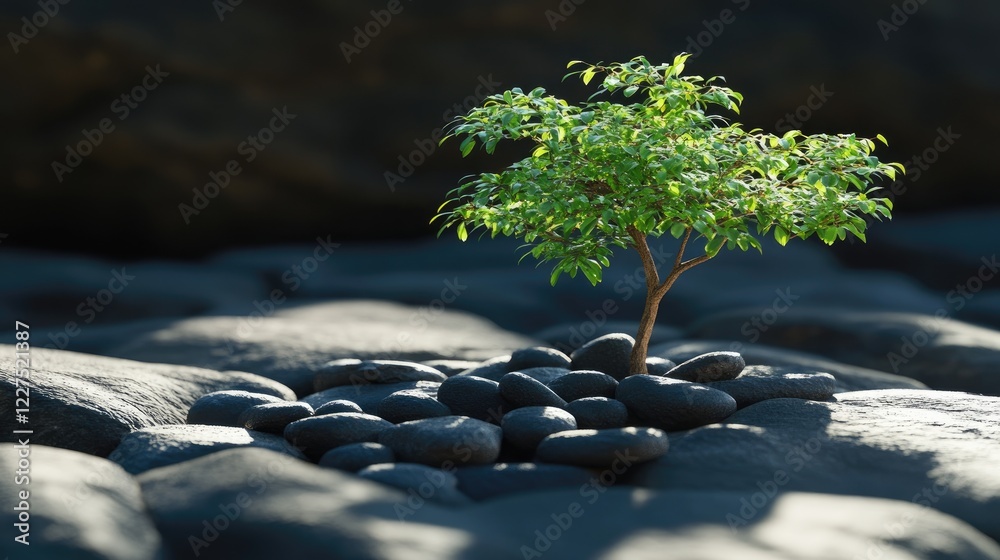 Poster a small green tree grows above carefully placed stones, surrounded by deep shadows, capturing the ha