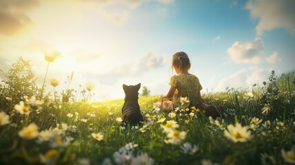 Photorealistic image of a child playing with a dog in a grassy field with blooming flowers under a bright blue sky
