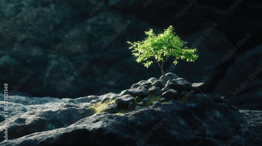 Poster a small green tree perched above stones, surrounded by shadows, creating a dramatic contrast and evo