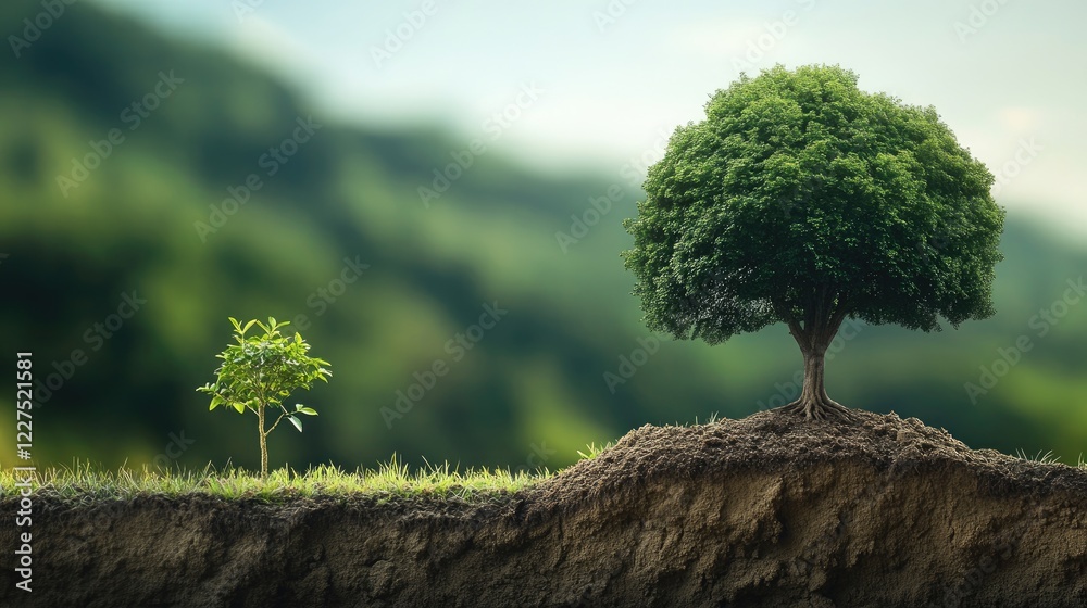 Poster a small tree beside a towering large tree on divided soil, symbolizing growth and progression in nat