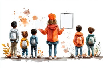 A soft watercolor painting of a teacher holding a rubric and explaining grading criteria to attentive students, with warm tones and blended strokes creating a calm atmosphere