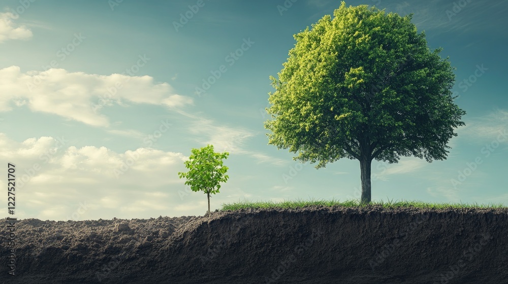 Poster a small tree beside a towering large tree on divided soil, symbolizing growth and progression in nat