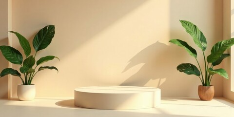 Serene Minimalist Scene with Plants and Display Pedestal, Ideal for Product Presentation or Branding