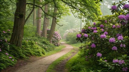  a dirt path winding through a dense forest. The trees on either side of the path are tall and green, and the ground is covered in lush greenery. On the right side, there are pink rhododendrons bloomi