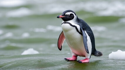 Fototapeta premium Close-up of charming penguin on antarctica's icy shoreline wildlife behavior
