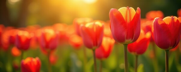 Obraz premium Vibrant tulips bask in golden sunlight, petals glowing , bloom, nature