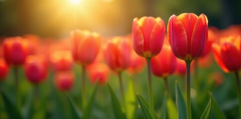 Vibrant tulips, glistening dew, sunrise light, background, beauty