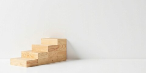 Simple wooden block staircase against a white backdrop for product display and presentations