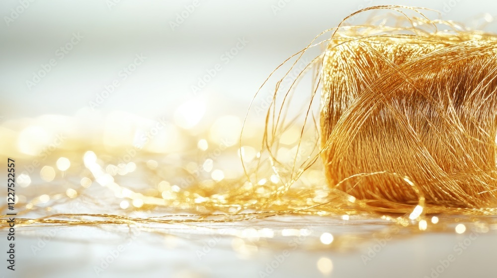 Poster a spool of golden thread unraveling in a messy tangle, its shimmering strands scattered across a whi