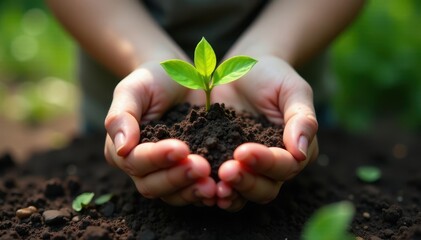Youthful hands cradling stone-piercing sprout, tender, image