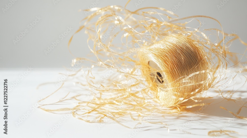 Poster a spool of golden thread unraveling in a messy tangle, its shimmering strands scattered across a whi