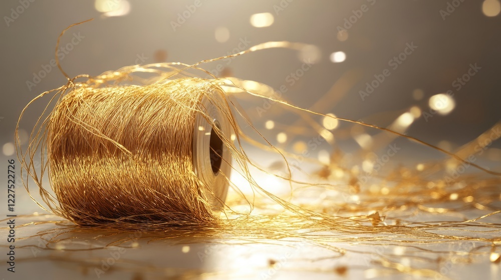 Poster A spool of golden thread unraveling into a messy tangle, creating an elegant yet chaotic visual on a clean surface, reflecting the intricate nature of artistry