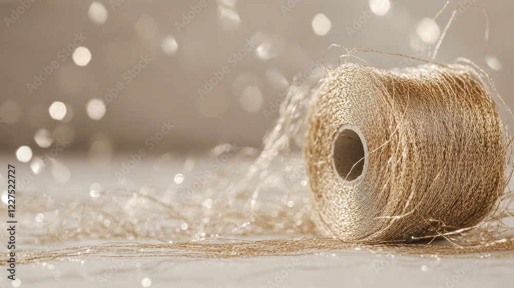 Aufkleber a spool of golden thread unraveling in a messy tangle, its shimmering strands scattered across a whi