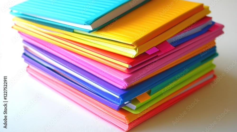 Poster a stack of colorful notebooks in varying shades, surrounded by highlighters and sticky notes, arrang