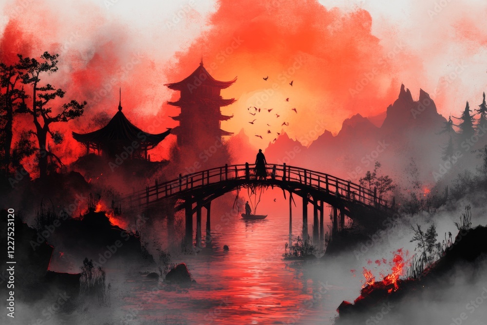 Poster a pixel art scene of a character facing a destroyed bridge in a retro video game, with animated wate
