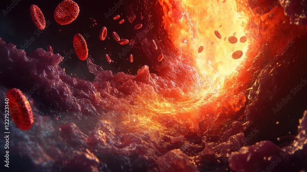 Poster a stunning 3d animation of blood cells moving through a vein, captured from multiple angles, highlig