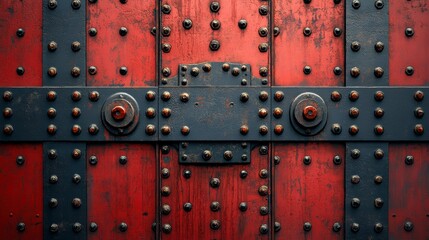 Red wooden gate, metal bands, rivets, temple background, Asian design
