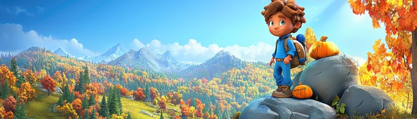 Boy hikes autumn mountain, pumpkins nearby; scenic valley background.  Family film poster