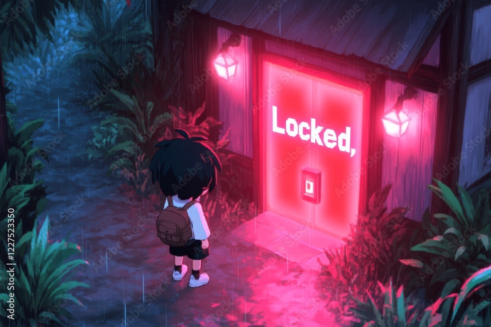Poster a pixel art scene of a character standing in front of a glowing red door labeled â€œlocked,â€ with 