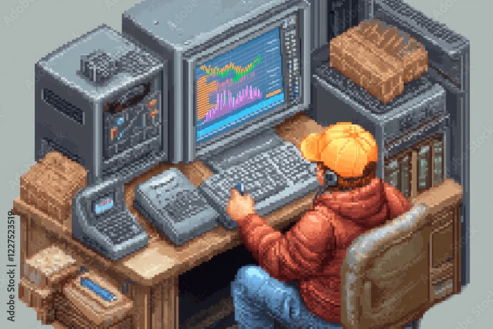 Aufkleber A pixel art scene of a consultant sitting at a desk with a small pixelated screen showing colorful graphs, surrounded by animated team members in a retro office setting