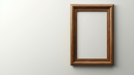 Empty Wooden Frame with Rich Dark Finish Hanging on a Light Wall Background