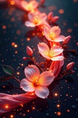 Fototapeta premium Glowing silk threads intertwining with nature, nature, thread, flowers