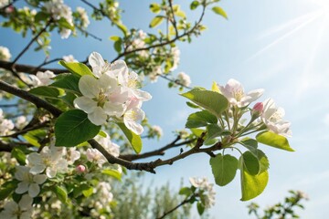 Softly blooming apple blossoms on a lush green tree against a clear blue sky with gentle spring sunbeams filtering through the leaves, spring landscape, apple blossom, nature scenery