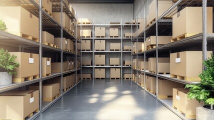 Modern Warehouse Storage with Metal Shelves Filled with Brown Boxes and Green Plants in Brightly Lit Room with Concrete Walls