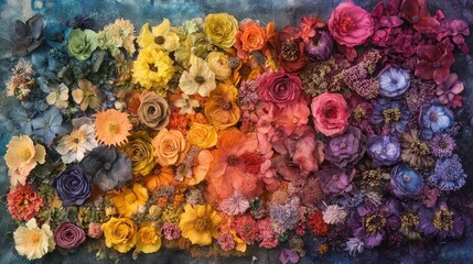 Fototapeta premium A stunning display of flowers, each dyed in natural, vivid hues, creating a captivating arrangement that celebrates the art of sustainable, eco-friendly dyeing