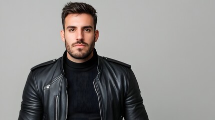 Fototapeta premium Confident Businessman with Attitude in Black Leather Jacket Posing in Studio