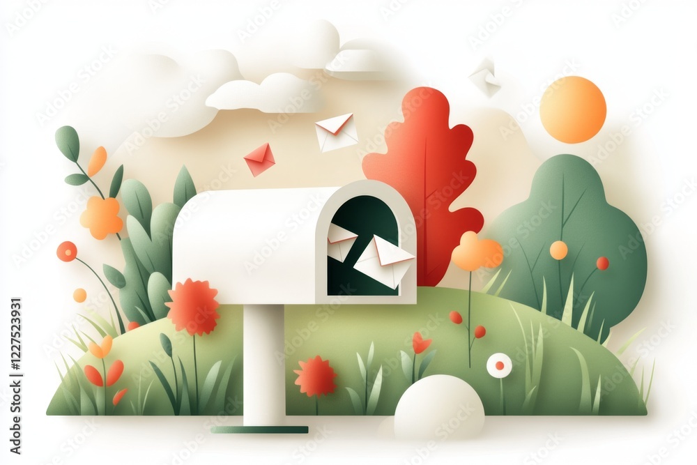 Aufkleber A pixel art scene of a mailbox with tiny animated letters flying in and out, surrounded by a cheerful, pixelated landscape with bright green grass and a sunny sky