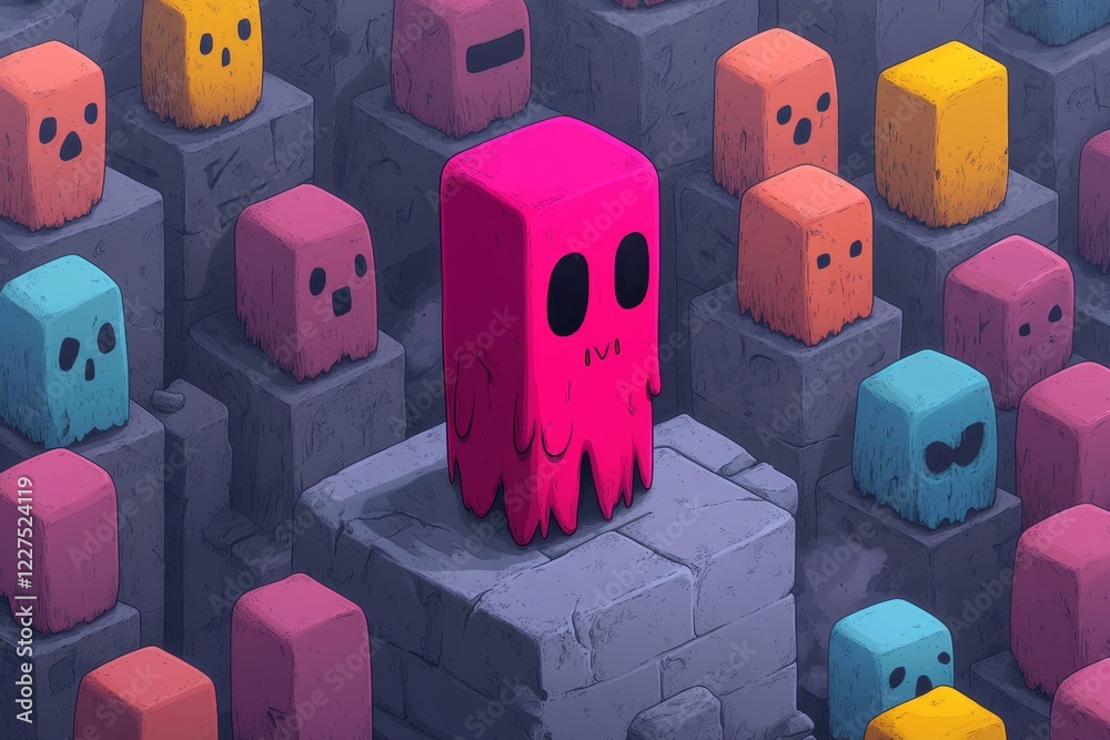 Aufkleber A pixel art scene of a single brightly colored character standing out in a gray, pixelated crowd, with retro-style shading and vibrant pops of color