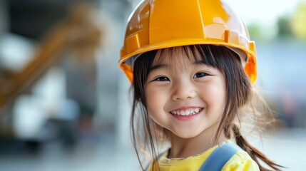 Smiling Child Wearing a Construction Helmet