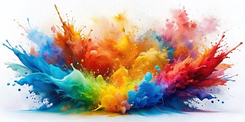 Fototapeta premium Abstract Watercolor Splash: Blue, Red, Orange, Yellow, Pink on White Background - High-Resolution Stock Photo