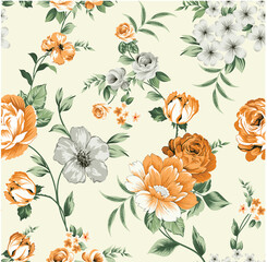 Seamless floral pattern with roses, watercolor. Vector illustration.orange rose