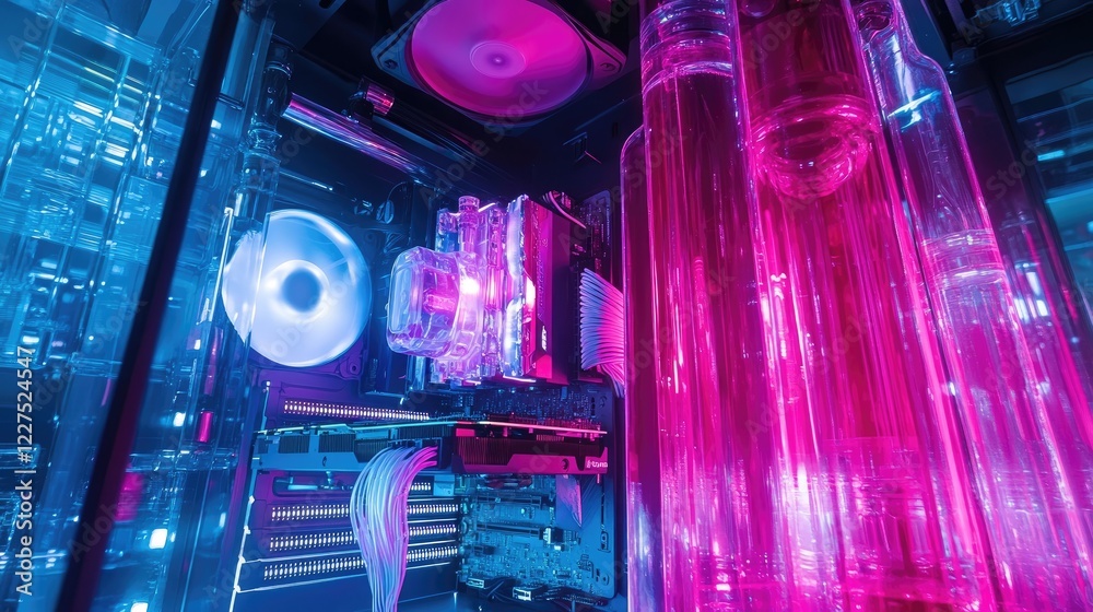 Poster A stunning RGB-lit cooling system inside a custom PC build, showcasing bold and vibrant colors, creating an eye-catching display of advanced computer hardware