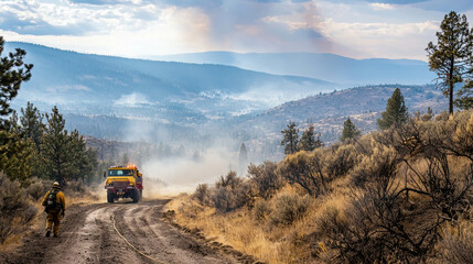 Firefighter Clearing Dry Brush Around Rural Community to Prevent Wildfire Threat in Nature
